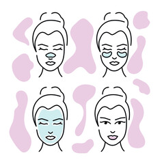 Female face and beauty cosmetic patches and mask. Women Skin care line concept. Spa treatment vector illustration  