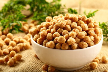 Bowl of soya bean chunks, vegetarian cooking ingredients. 