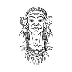 Cute cave woman with ancient jewelry. Prehistoric savage. Vector illustration with contour lines in black ink isolated on a white background in cartoon and hand-drawn style.