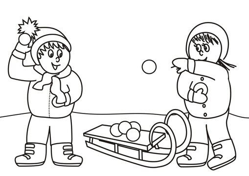 girl and boy with snowballs and sleigh, funny vector illustration, children in the mountains, boy and girl with sledge, coloing book, eps.