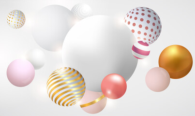 Fototapeta na wymiar Abstract background with dynamic 3d balls. Gold, pink and white 3D balls, balloons, minimalistic design, pastel colors palette, party decoration, isolated elements. Realistic 3d Vector illustration.
