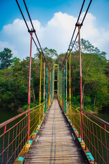 Suspension bridge with steel rods and ropes over a forest lake.