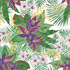 Watercolor painting seamless pattern with beautiful orchidea flowers and tropical leaves
