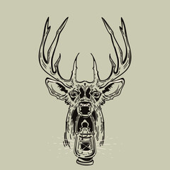 deer with kerosene lamp, graphics, sepia, line graphics, vector illustration