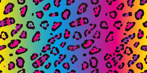 Rainbow leopard seamless pattern. Colorful neon vector background. Gradient wallpaper.