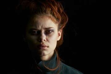 scared upset woman with bruises under eyes problems abuse depression