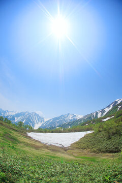 展望湿原と白馬連峰と雪渓, 小谷村,長野県