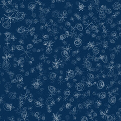 Hand Drawn Snowflakes Christmas Seamless Pattern. Subtle Flying Snow Flakes on chalk snowflakes Background. Awesome chalk handdrawn snow overlay. Incredible holiday season decoration.