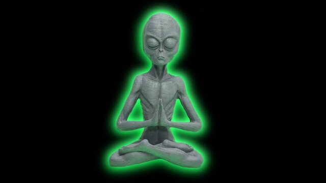 Multi-colored glowing Alien doing Yoga in front of black background - Closed eyes of futuristic figure animation