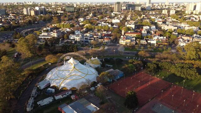 Birds eye view over circus being set up in Sarmiento park, Buenos Aires. Argentina.