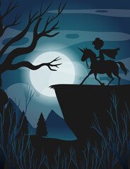 Silhouette knight ring unicorn with full moon background