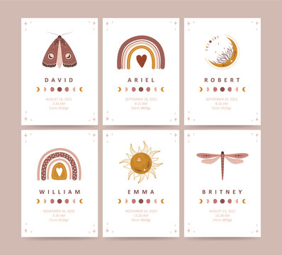 Boho baby shower poster. Newborn metric. Celestial insects with moon and stars. Scandinavian card with kids name, height, weight, date of birth. Cute pastel vector illustration in flat style.