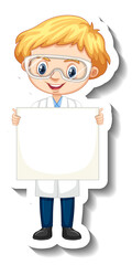 Cartoon character sticker with a boy in science gown holding empty banner