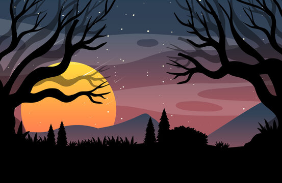Spooky forest night background with full moon