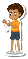 A boy holding a timer cartoon character sticker