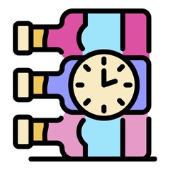 Wine bottles and clock icon. Outline wine bottles and clock vector icon color flat isolated