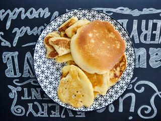 Homemade Pancake Desert in a plate with Graphic Background