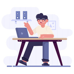 Man working with laptop. Concept illustration, working process, management, freelance, office, work from home, business meeting via internet, communication. 