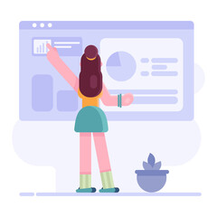 woman talking and showing business presentation chart in white board with various pose and gesture. Vector illustration.