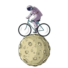 Cartoon astronaut riding bicycle on the moon