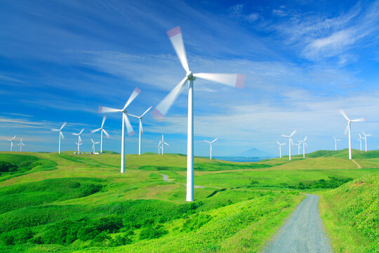 風力発電の風車と丘と道路と利尻岳, 稚内市,北海道