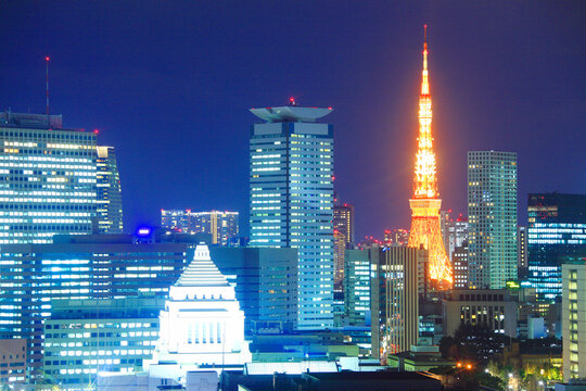 国会議事堂と東京タワーとビル群の夜景, 千代田区,東京都