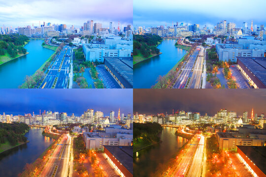 内堀通りと桜田堀と東京タワーとビル群の夕夜景, 千代田区,東京都