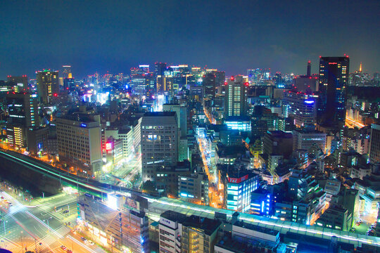 JR水道橋駅と東京タワーと大手町方向のビル群の夜景, 文京区,東京都