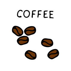Brown hand drawing illustration of coffee beans with black lettering Coffee on a white background