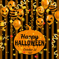Happy Halloween banner with Balloons air realistic, gold confetti foil falling. Scary smiles, ghost icons black, orange colors. Halloween template background