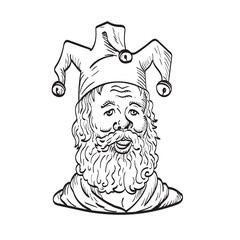 Drawing sketch style illustration of an old court jester or fool wearing a hat and beard viewed from front  on isolated background in black and white tattoo style.
