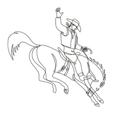 Continuous line drawing illustration of a rodeo cowboy riding a bucking bronco viewed from side done in mono line or doodle style in black and white on isolated background. 