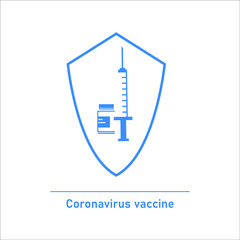 2021 Vaccination. Coronavirus vaccine line concept. Vaccine bottle and syringe. Covid19 disease vaccination. Stop coronavirus pandemic. Vector illustration on white background 