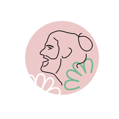 Sticker of male portrait. Smiling man with beard and mustache.  Profile Face line icon. Concept for salon of beauty, spa, barbershop. Minimalistic character with floral forms. Vector illustration
