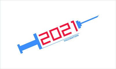 2021 Vaccination. Coronavirus vaccine line concept. Vaccine bottle and syringe. Covid19 disease vaccination. Stop coronavirus pandemic. Vector illustration on white background 