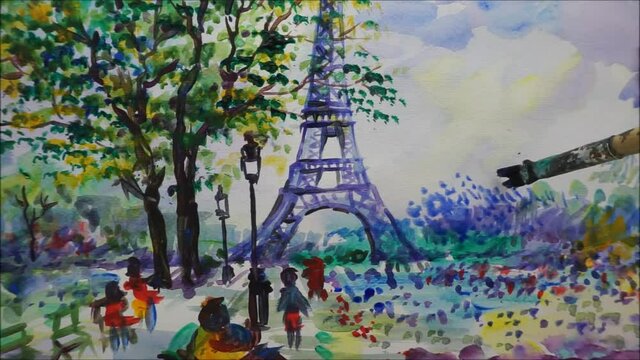 hand drawn original impressionism art painting fine art watercolor view tree ,  eiffel tower , palette , paintbrush 