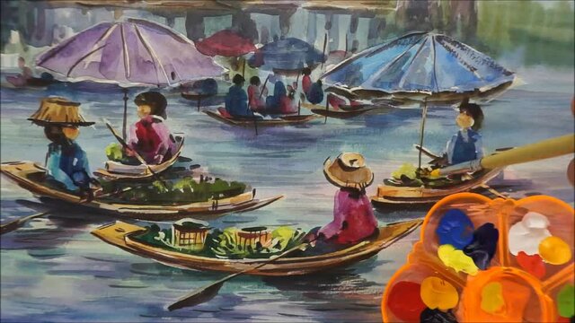 Art painting watercolor Floating market Thai land ,  Palette , paintbrush 