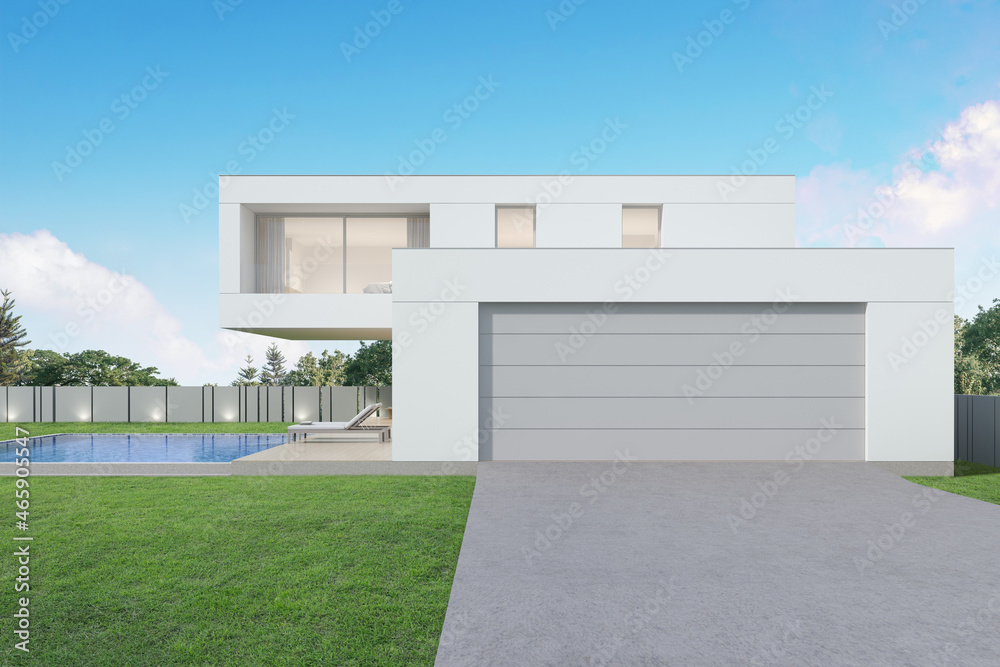 Poster 3d rendering of modern house with swimming pool and garage.