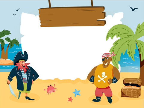 Pirates with a chest of gold on an island in the sea. Background with wooden signboard, banner template with place for text
