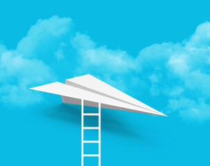 Freedom Concept: White paper plane and flying to blue sky. Paper plane dash line track with loop in the sky. white cloud. Flat design. Blue background. ladder to the white cloud. 