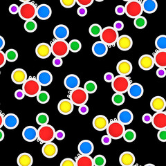 Seamless toy pattern on a black background. Fashionable anti-stress game. Handmade toy. Vector illustration.