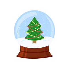 Snowball with decorated fir tree. Winter holidays design element isolated. Vector illustration