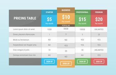 Pricing table for business vector illustration.
