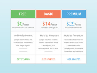 Pricing table for business vector illustration.