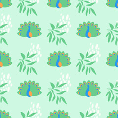 Seamless pattern with peacoks. Creative childish texture. Great for fabric, textile. Beautiful  drawn seamless pattern with peacocks. Tropical bird.