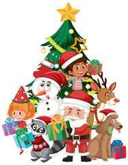 Santa Claus with happy children and Christmas tree