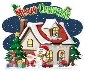 Merry Christmas text logo with winter house and decorations