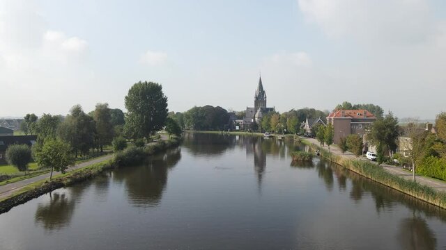 Aerial view of Amstelveen Oudekerk ad Amstel typical dutch landscape and historic village along the Amstel river in The Netherlands.
