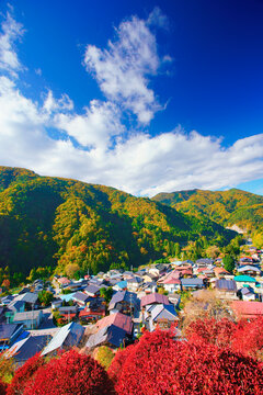 観音山公園のドウダンツツジの紅葉と清内路の街並, 日本,長野県,下伊那郡,阿智村