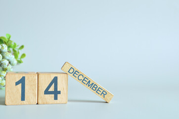 December 14, Calendar cover design with number cube with green fruit on blue background.

